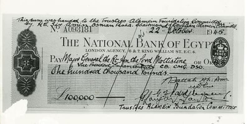 The Bank of Egypt cheque for £100,000